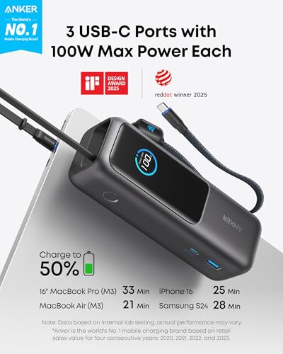 Anker Laptop Power Bank, 25,000mAh Portable Charger with Triple 100W USB-C Ports, Built-in Retractable Cables, Flight-Approved for Travel, iPhone 17/16 Series, Samsung, and More