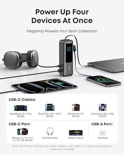 Anker Laptop Power Bank, 25,000mAh Portable Charger with Triple 100W USB-C Ports, Built-in Retractable Cables, Flight-Approved for Travel, iPhone 17/16 Series, Samsung, and More