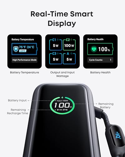 Anker Laptop Power Bank, 25,000mAh Portable Charger with Triple 100W USB-C Ports, Built-in Retractable Cables, Flight-Approved for Travel, iPhone 17/16 Series, Samsung, and More