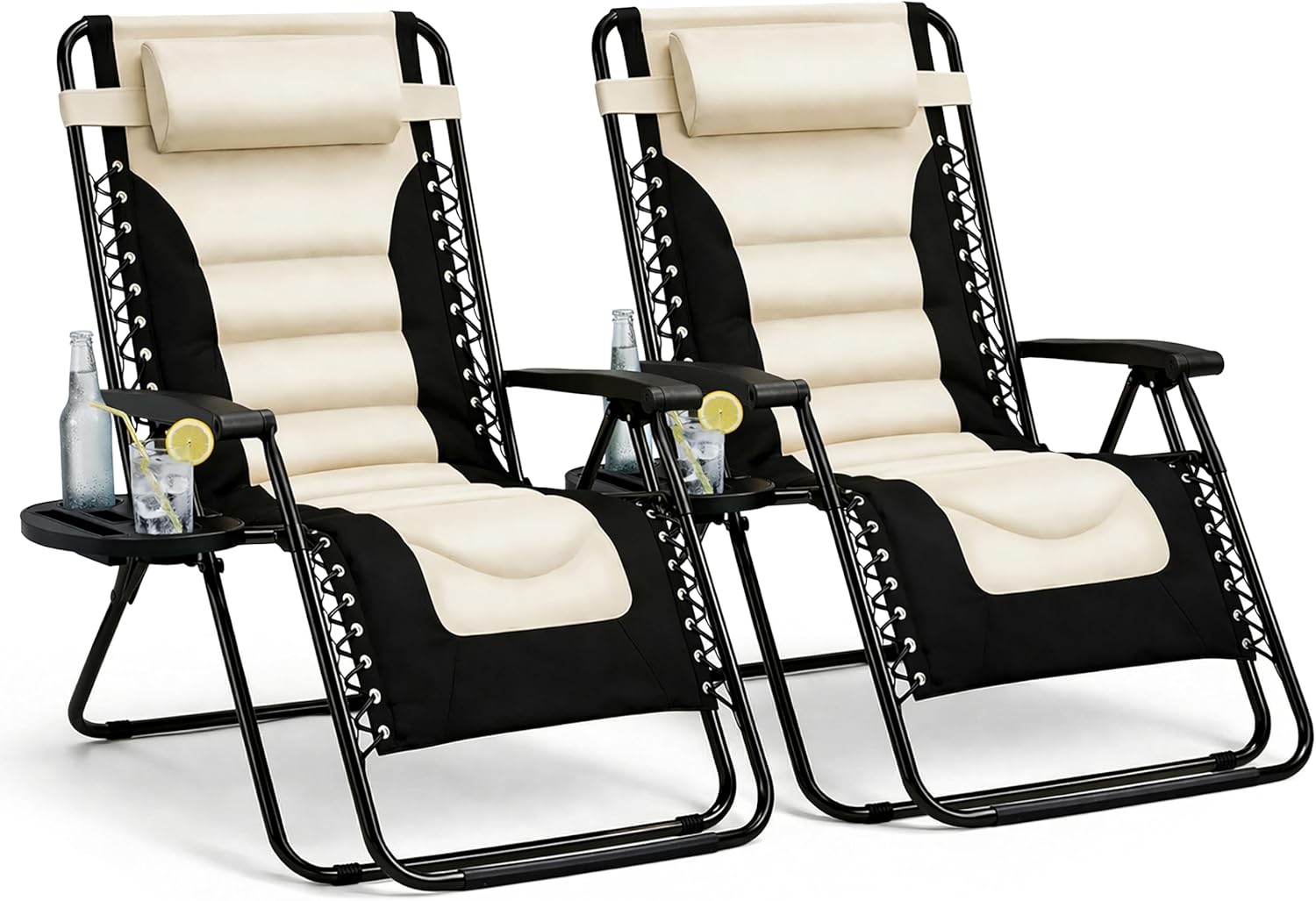 Straame XXL Padded Zero Gravity Chairs Set of 2, Folding Reclining Garden Chairs, Camping Chair Sun Loungers, Lockable 160° Patio Recliners with Adjustable Headrest(Padded, Cream)