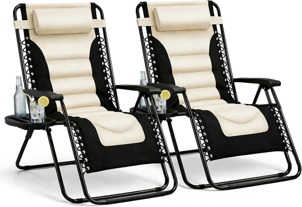 Straame XXL Padded Zero Gravity Chairs Set of 2, Folding Reclining Garden Chairs, Camping Chair Sun Loungers, Lockable 160° Patio Recliners with Adjustable Headrest(Padded, Cream)