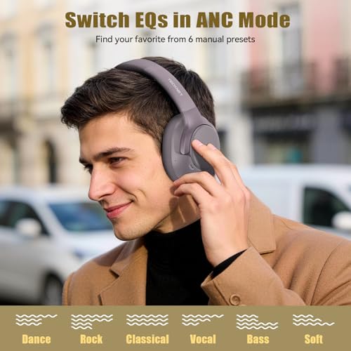 TECKNET Active Noise Cancelling Headphones, wireless headphones bluetooth 6.0, 70H Playtime and 6 EQ Music Modes with 3.5mm Cord, over ear headphones wireless & Wired for Home Travel Office, Grey